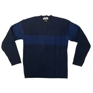 NOBA 1950 V-Neck Knit Sweater Horizontal Stripes Blue Black Italy - Size Large